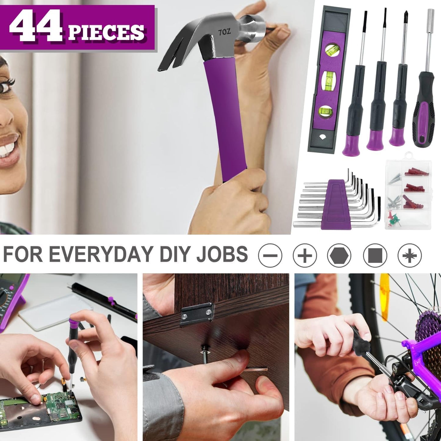44PCS 4V Cordless Screwdriver Tool Kit Set Pink Color Tools Lady Tools Kit Home Repair Set Toolbox Hand Tool Kit Storage Case Gift Set LADYCRAFT