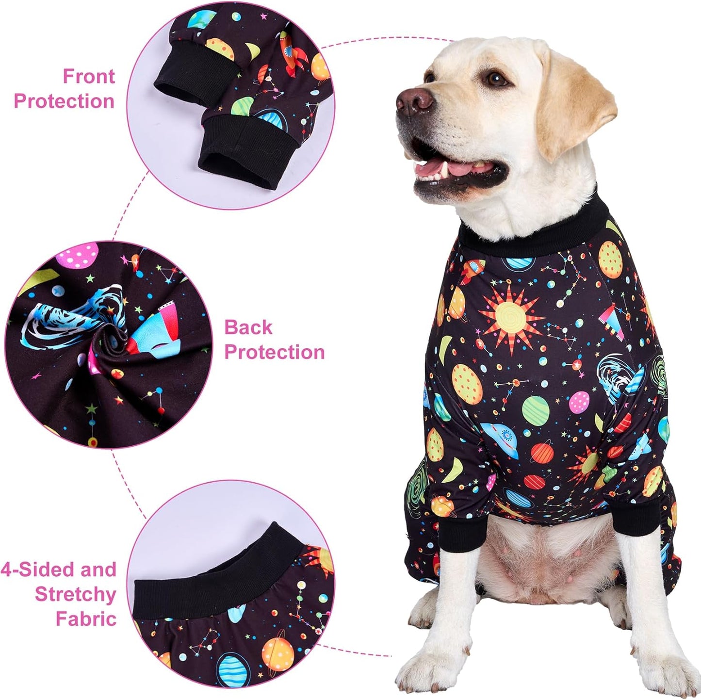 LovinPet Pajamas for Large Dogs, Big Dogs Onesies, Big Dog Pajamas, Post Surgery, Wound Care, Lightweight Stretchy Fabric, Interstellar Black Print, Dog Jumpsuit, Anti Licking, Pet PJ's, 2XL