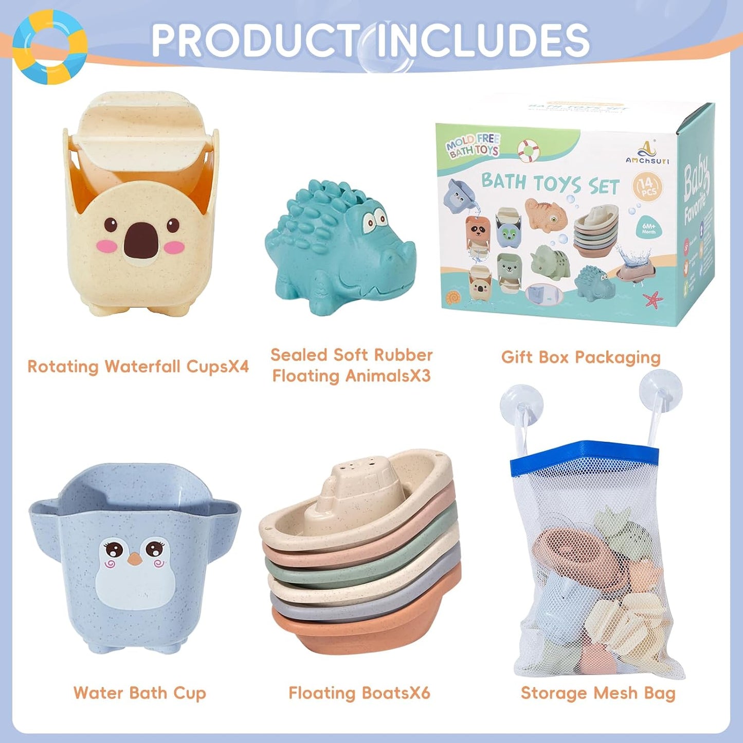 Baby Bath Toys for Kids Ages 1-3, 14 Pack Mold Free Toddler Bath Toys for 2-4 Bathtub Water Toys with Floating Boats&Cups and No Hole Bath Toy for Babies 6-12 Months Boy Girl Gifts