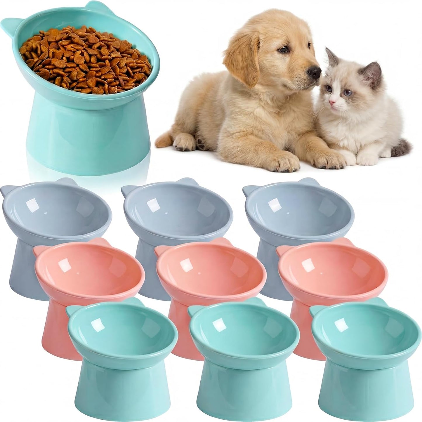 9 Pcs Plastic Raised Cat Bowls Bulk Elevated Tilted Dishes 15 Degrees Tilted Anti Vomiting Friendly Food Water Feeder Pet Slanted Stand Bowl for Indoor Cats Shelter(Cute,Pastel Color)