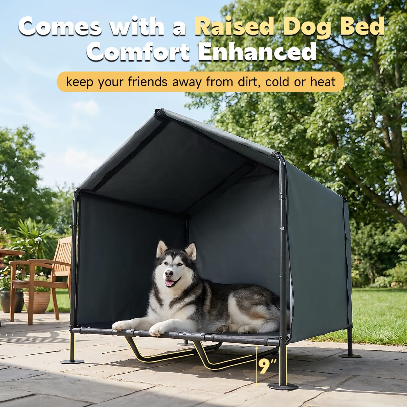 Outdoor Dog House for Large Dogs, Raised Dog Bed with Removable Waterproof Shade Cover, Portable Pet Shelter for Camping, Patio & Yard