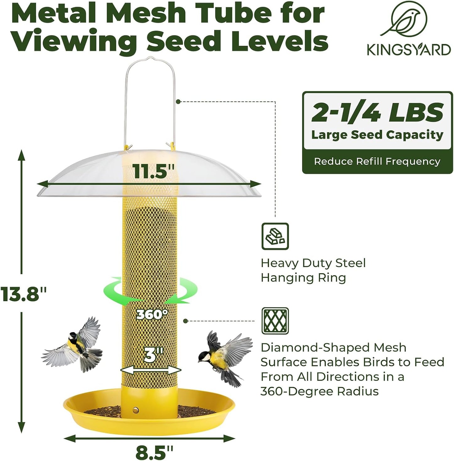 Kingsyard Finch Bird Feeder for Outdoors Hanging, Metal Mesh Tube Bird Feeders for Thistle & Nyjer Seed, Large Removable Tray & Rainproof Dome, 2.5 lbs Seed Capacity, Yellow