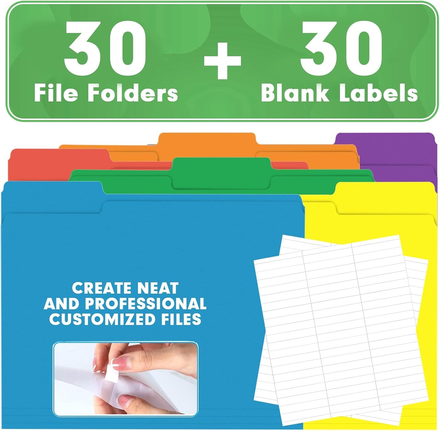 File Folder, HERKKA 30 Pack 1/3 Cut Tab File Folders, Colored File Folders Designed for Office and Classroom Use, Letter Size, Assorted 6 Colors