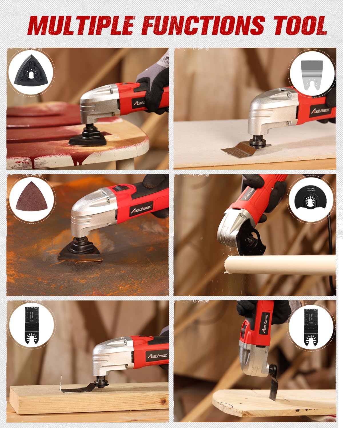 AVID POWER Oscillating Tool, 22000 OPM Electric Oscillating Multi Tool with 3°Oscillation Angle, Cutting, Sanding, Grinding, Scraping, 11 Accessories & Universal Interface-Red