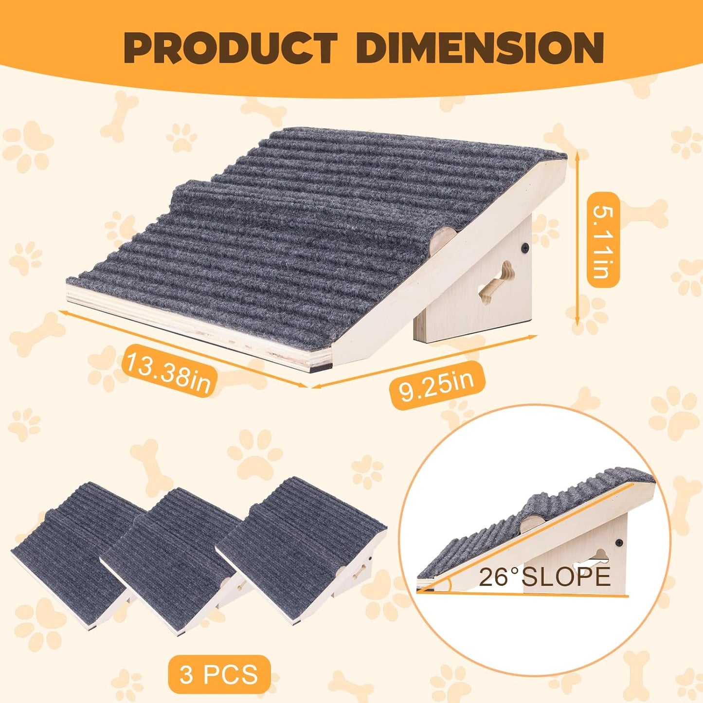 3 Pack Wooden Dog Ramp for Stairs,Friendly to Short-Legged/Small/Injured/Aged Dogs with High Support,13L*9W*5H''+26°Slope Fits Your Staircase,with Anti-Slip Pads for Climbing Safely,Stairs Assist