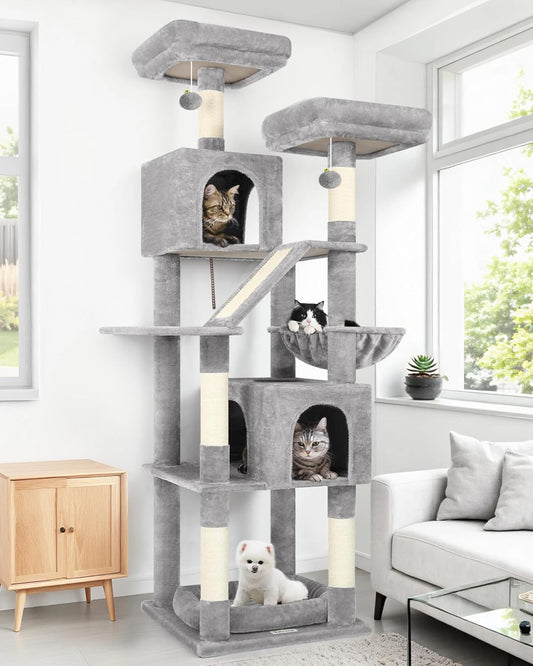 Globlazer Large Cat Tree Tower for Indoor Cats, 74in Tall Sturdy Cat Tree Condo for Large Cat with Scratching Posts and Board, Cat Condos for Adult Cats Kittens, Top Perches, Pet Bed, F74D, Light Grey