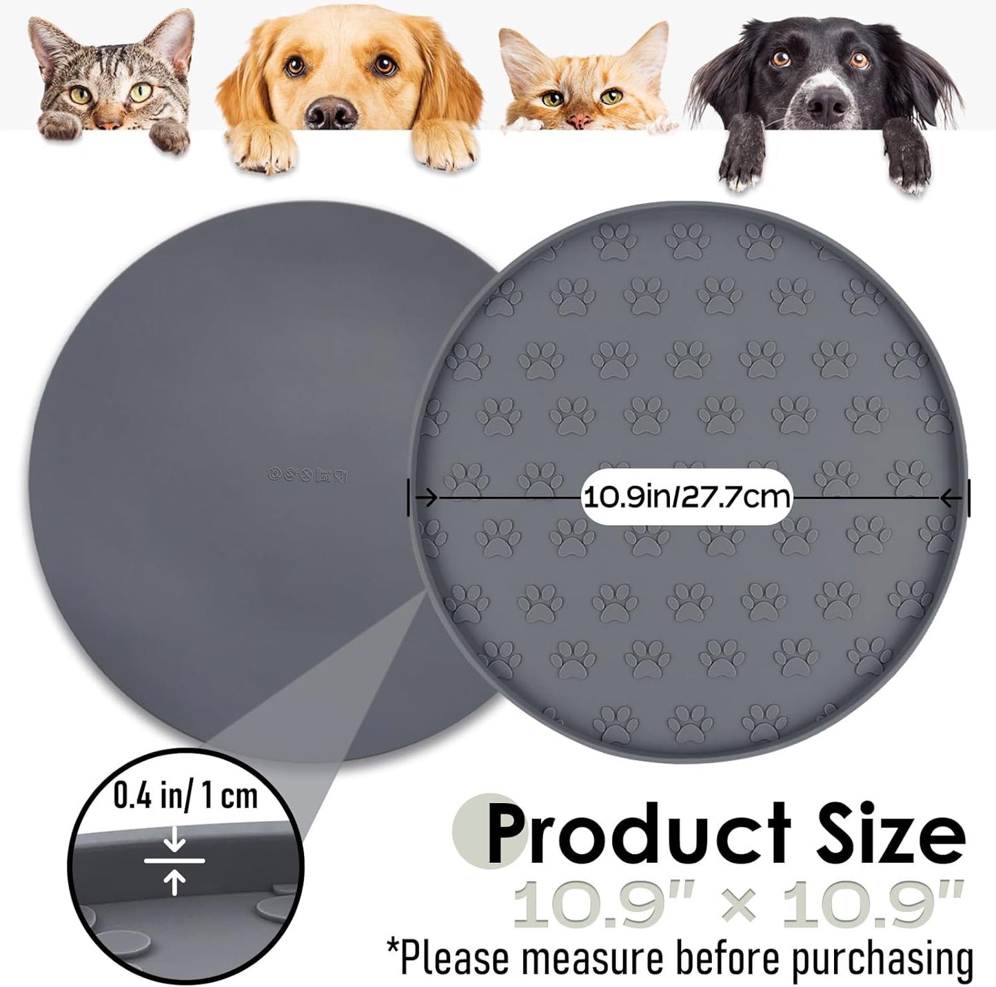 Pet Feeding Mats for Food and Water, Waterproof Anti-Slip Placemats for Dog Cat Bowl, 2 Pack Silicone Pet Food Mat, Dishwasher Safe 10.9 × 10.9 (2 Black, Small Paws)