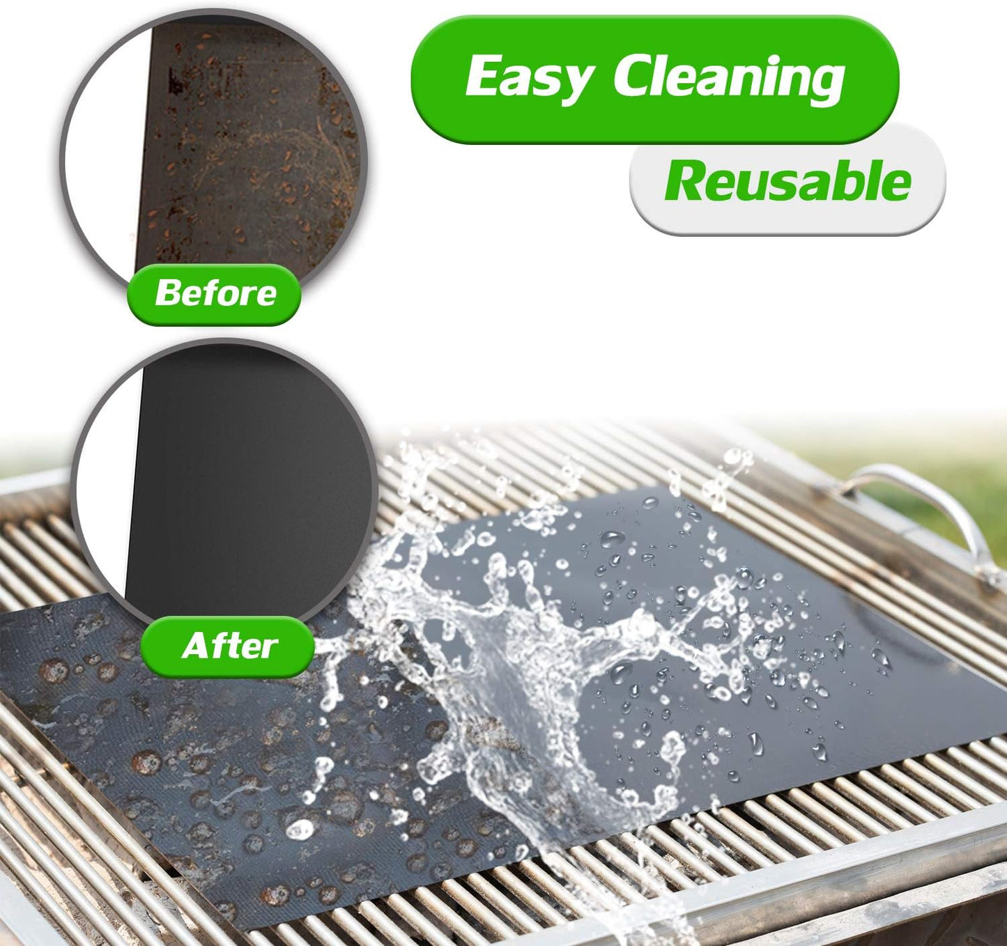 RENOOK Grill Mat Set of 6-100% Non-Stick Reusable Mats for Gas, Charcoal or Electric Grills - Easy to Clean - 15.75 x 13-Inch, Black