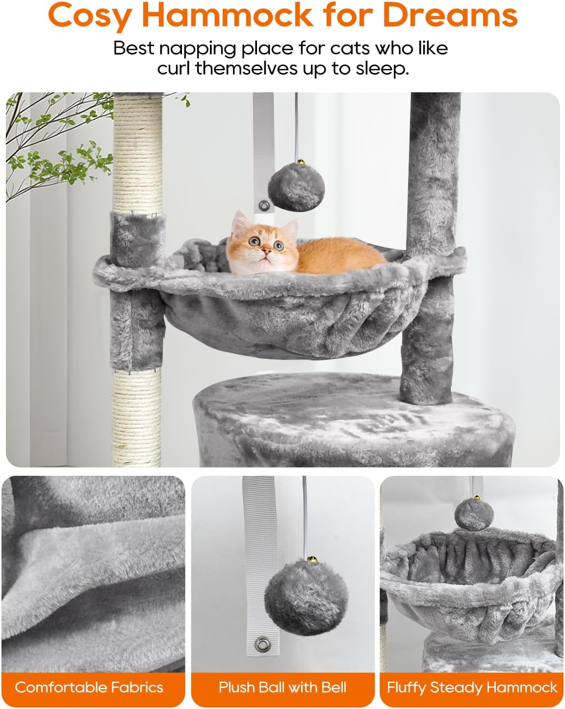SYANDLVY Small Cat Tree for Indoor Cats, Activity Cat Tower with Scratching Post for Kittens, Modern Cat Furniture with Basket & Hanging Ball for Play Rest, Grey