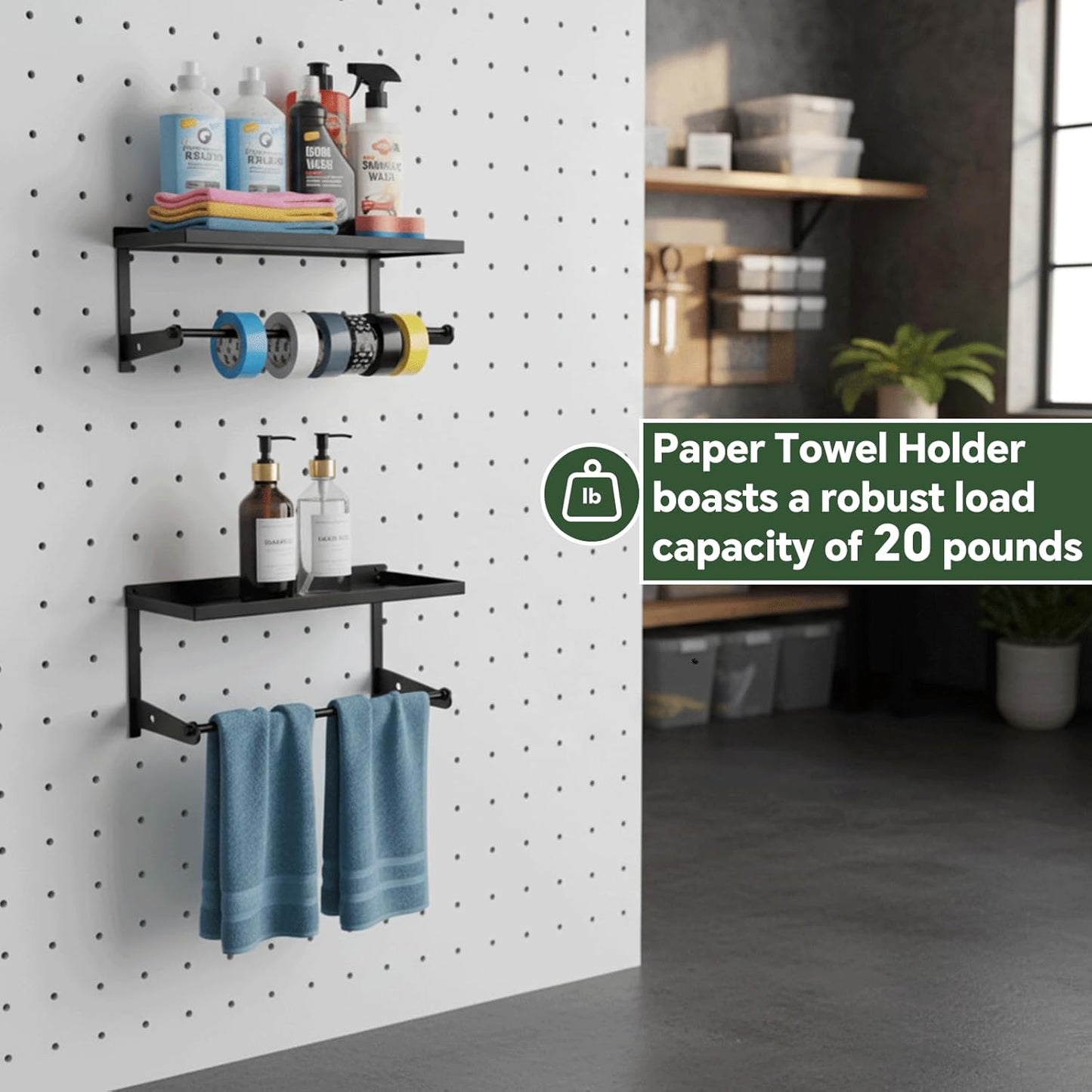 1 Pack Paper Towel Holder for Pegboard, Pegboard Paper Towel Holder with Shelf, Heavy Duty Peg Board Accessory, Pegboard Accessories for Garage, Workbench, Laundry or Craft Room Organization