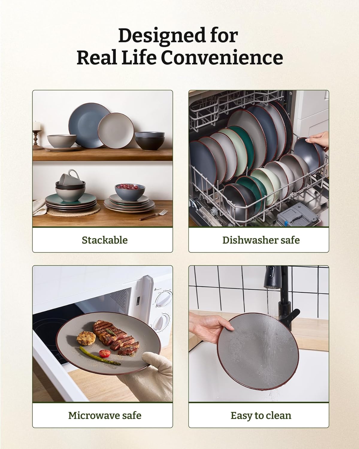 Famiware Venus Plates and Bowls Sets, 12 Pieces Stoneware Speckled Dinnerware Dishes Set for 4, Matte Dark Gray - Microwave & Dishwasher Safe, Modern Minimalist, for Everyday Meals & Formal Dining