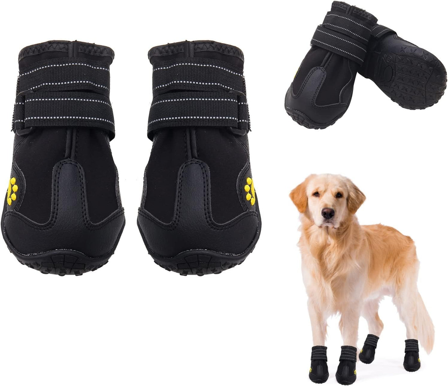Dog Boots for Large Dogs, Medium Dogs and paw Guards for Snowy Winters, hot Summer Roads, Waterproof Rainy Days, Outdoor Walking, and Non-Slip Indoor Hard Surfaces 4 Pieces