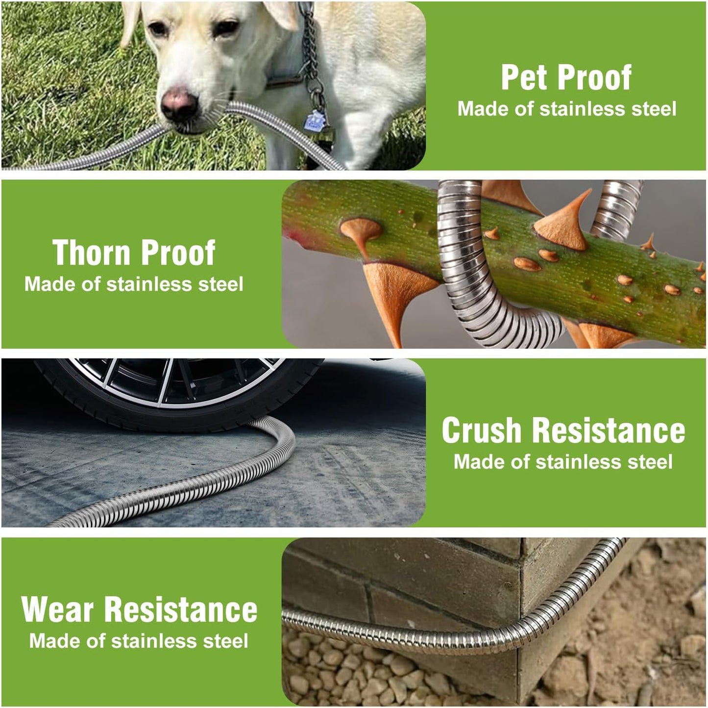 100 ft Garden Hose, Stainless Steel Metal Water Hose with Nozzle, Flexible and Durable, Rust Proof, No-Kink, Heavy Duty, Leakproof 3/4'' Brass Fittings, Lightweight Hose for Patio, Lawn