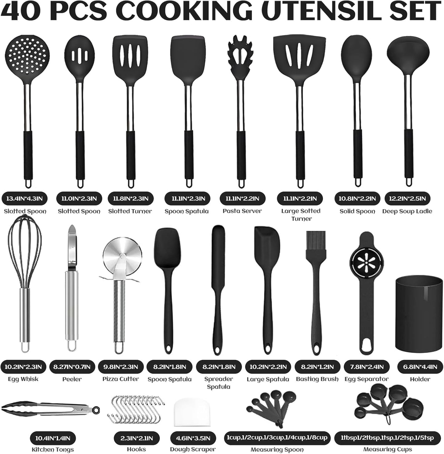 40 Pcs Kitchen Utensils Set Silicone Cooking, 446℉ Heat Resistance Stainless Steel Metal, Spaghetti Spoon Cookware Utensils, Rubber Tools Nonstick Kitchenware Can Dishwasher Safe