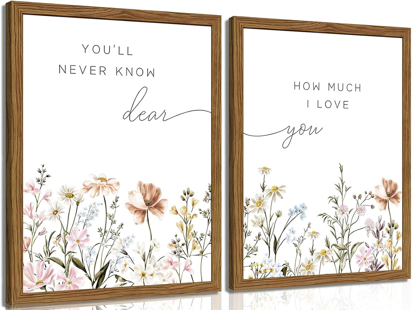 Wood Framed Wildflower Nursery Wall Art Set of 2, Boho Flower Botanical Wall Decor Paintings, Baby Girl Nurseries Pictures Posters Prints for Nursery Baby Room Bedroom Home Decoration 12x16 Inch
