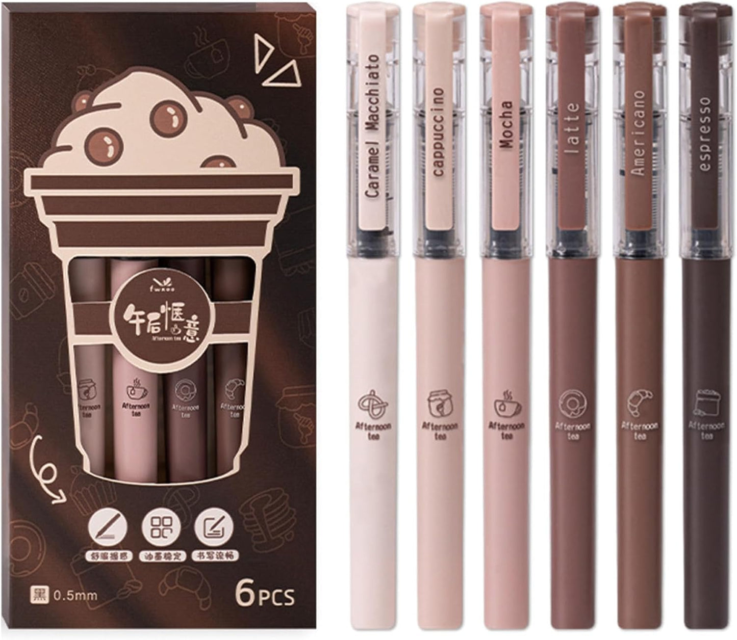 6 Pcs Rolling Ball Pens Cute Coffee Liquid Ink Rollerball Pens Cartoon 0.5 mm Black Ink Pen Quick Drying Smooth Writing Pen Office School Supplies (Coffee)