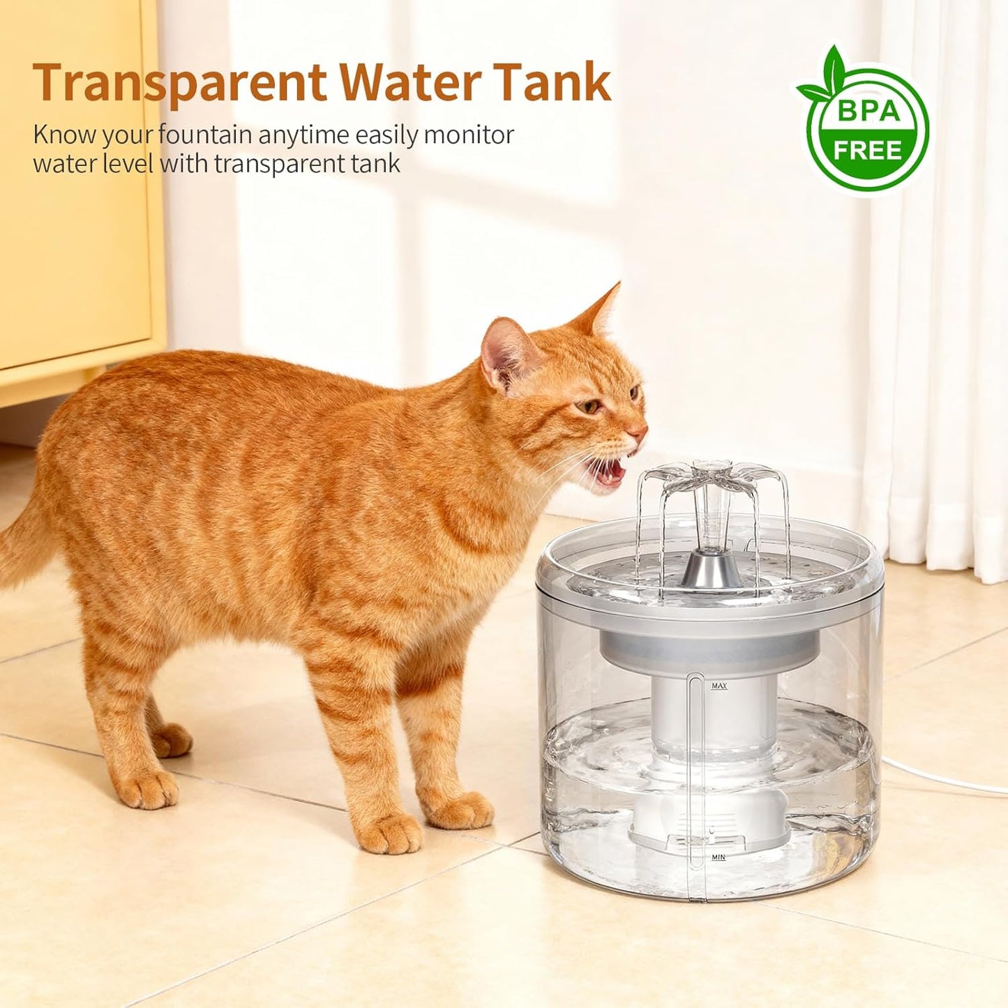 Cat Fountain, 2.6l/87oz Pet Water Fountain Clear Plastic Water Fountains for Cats Indoor with Flower Waterfall Dog Water Fountain Spout with Silent Pump