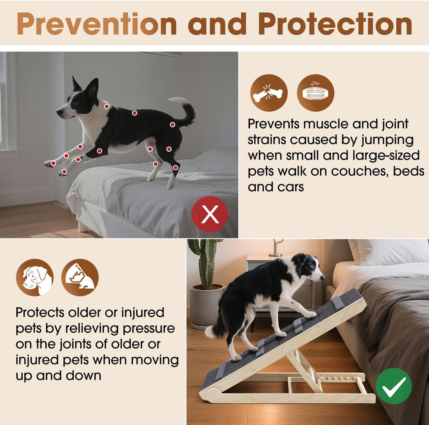 Dog Steps for Bed & Couch - 2-in-1 Dog Stairs/Ramp for Small to Large Breeds - 6 Adjustable Height from 12" to 24" - Folding Portable Wooden Ramp for Dogs to Get on Bed Couch Car Up to 200LBS