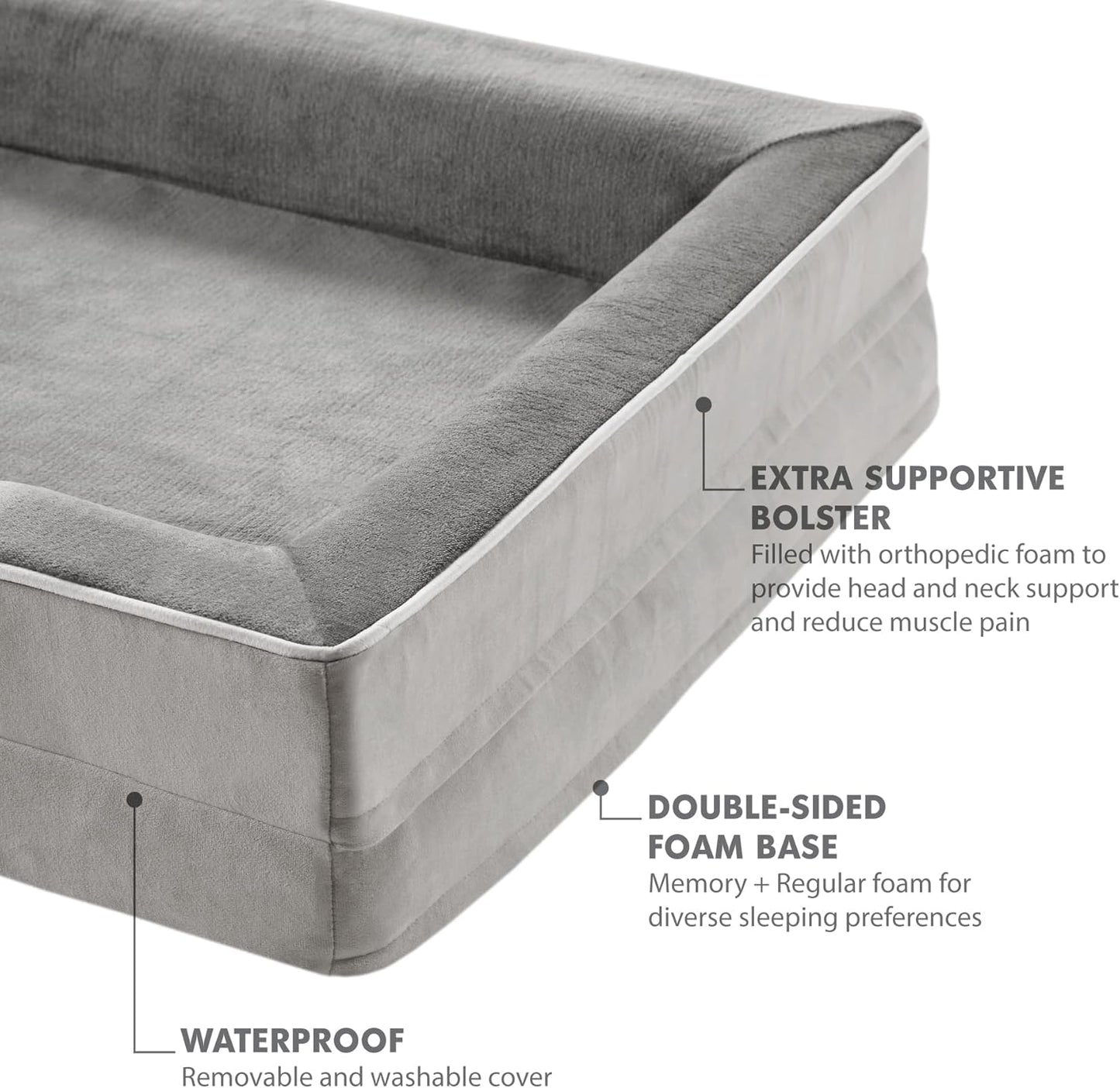Codi Large Memory Foam Layer Dog Bed, Washable Orthopedic Dogs Beds Couch with Removable Zipper Cover, Waterproof Pet Sofa with U-Shape Bolster, Grey, 91x68x(7.5+8.9) cm