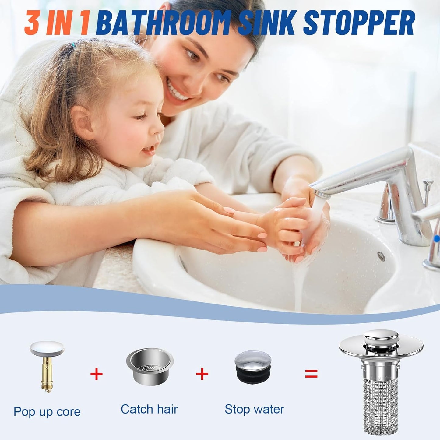 2024 New Pop Up Bathroom Sink Drain Strainer Hair Catcher, Sink Drain Stopper with Removable Stainless Steel Filter Basket,for US Bathroom Sink Stopper Replacement (2PCS)