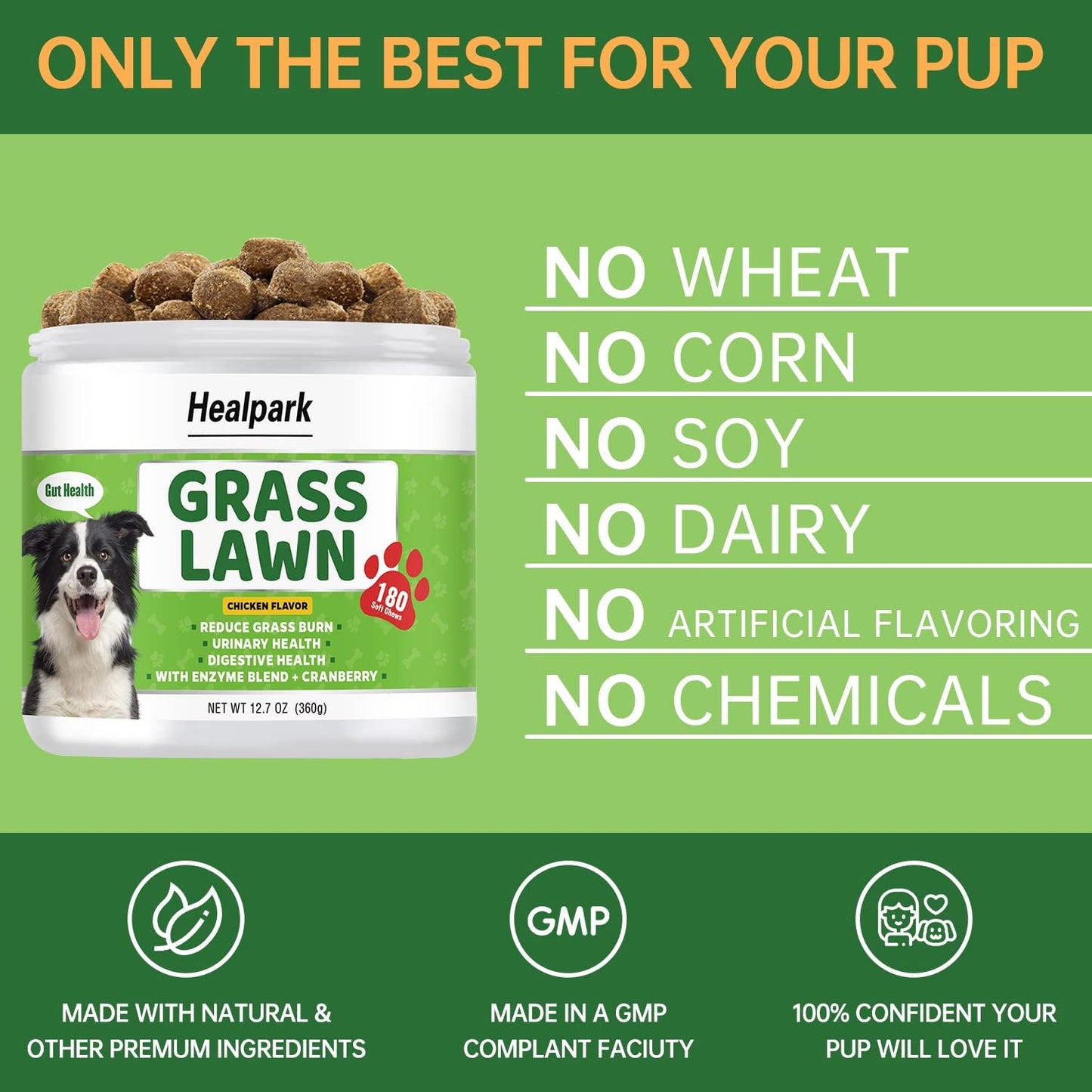 Grass Burn Spot Chews for Dogs - Dog Pee Lawn Spot Saver Caused by Dog Urine - Grass Treatment Rocks - DL-Methionine + Cranberry + Digestive Enzymes - Dog Urine Neutralizer for Lawn - 180 Soft Treats