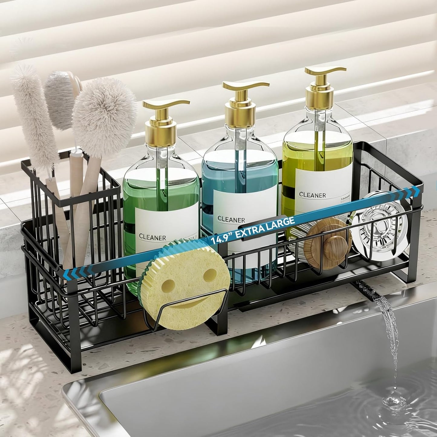 Extra Large Extendable Sponge Holder for Kitchen Sink, Rustproof Sink Caddy Organizer with High Brush Holder, Dish Soap Dispenser Organizers and Storage (Black)