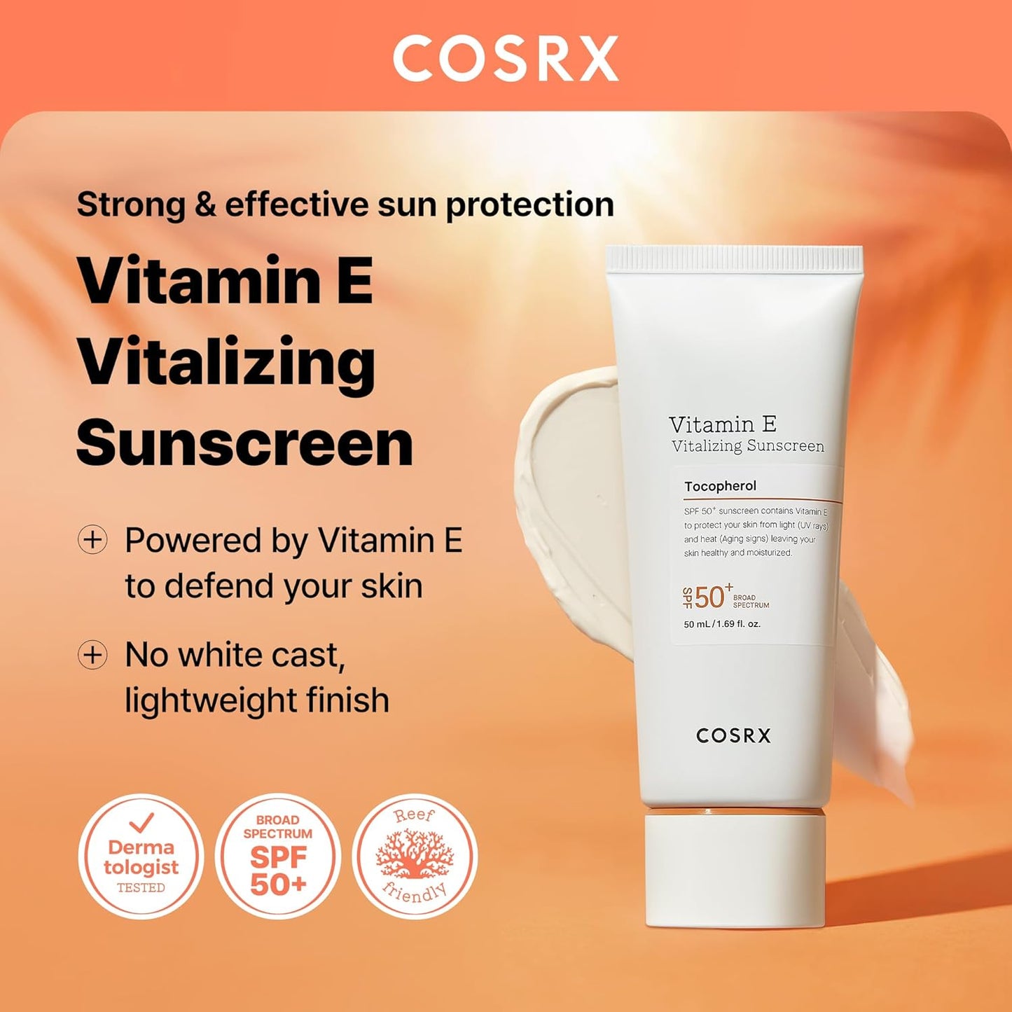 COSRX Vitamin E Vitalizing Sunscreen,SPF 50 Broad Spectrum Face Sunscreen, Lightweight, Non-Sticky, No White Cast, Vitamin E for Antioxidant Care, For All Skin Tones, Korean Skincare, 1.69 fl oz