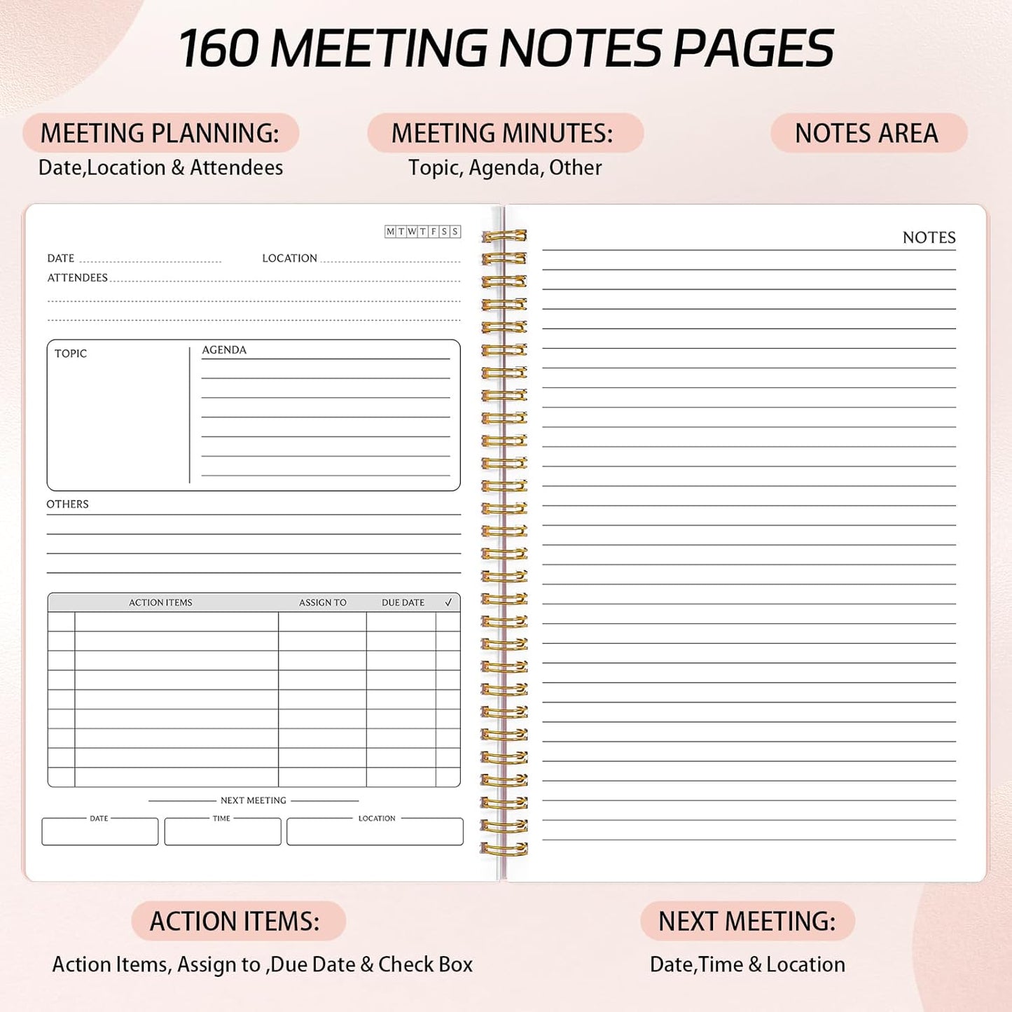Meeting Notebook for Work with Action Items & Meeting Minutes, 160 Pages Undated Spiral Bound Hardcover Work Notebook for Women & Men, 7" x 10" (Pink)