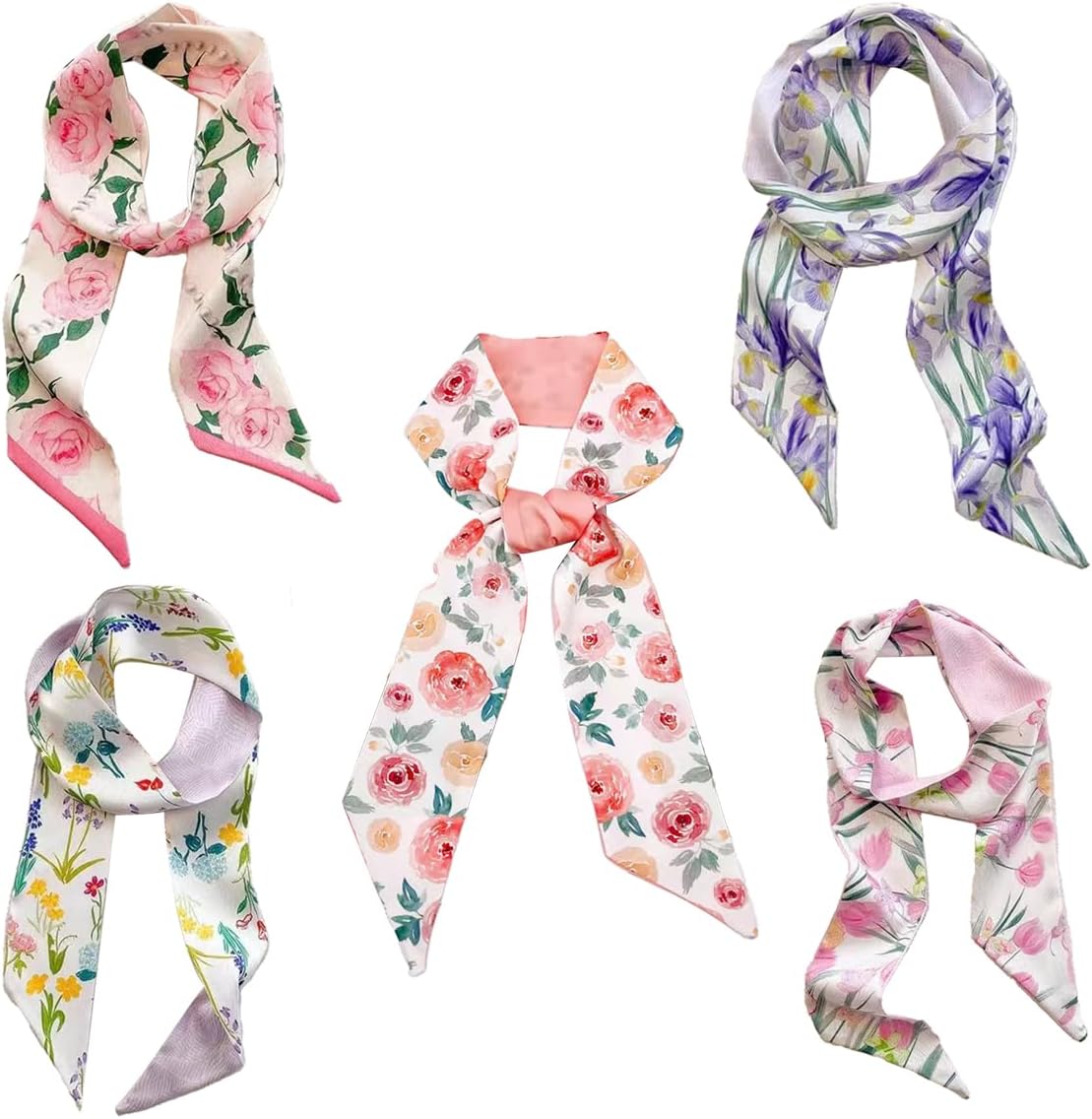 5 Pcs Flower Purse Scarf for Handbag, Women's Head Hair Scarves Satin Neck Scarves, for Spring Present Handbag Handle Accessory