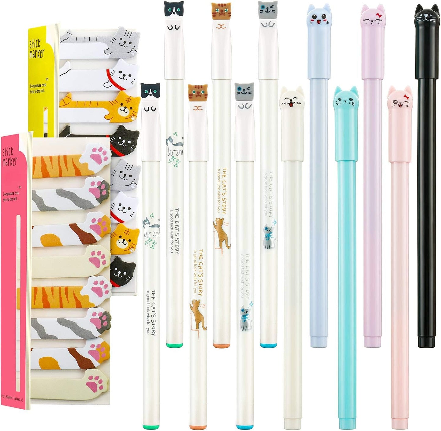 Outus 14 Sets Cute Cat Pens Stationary Set, 12 Pcs 0.5mm Cat Design Gel Pens and 320 Pcs Kawaii Sticky Notes Page Bookmarks Tab for Kitten Lovers Kids Women Office School Classroom Supplies