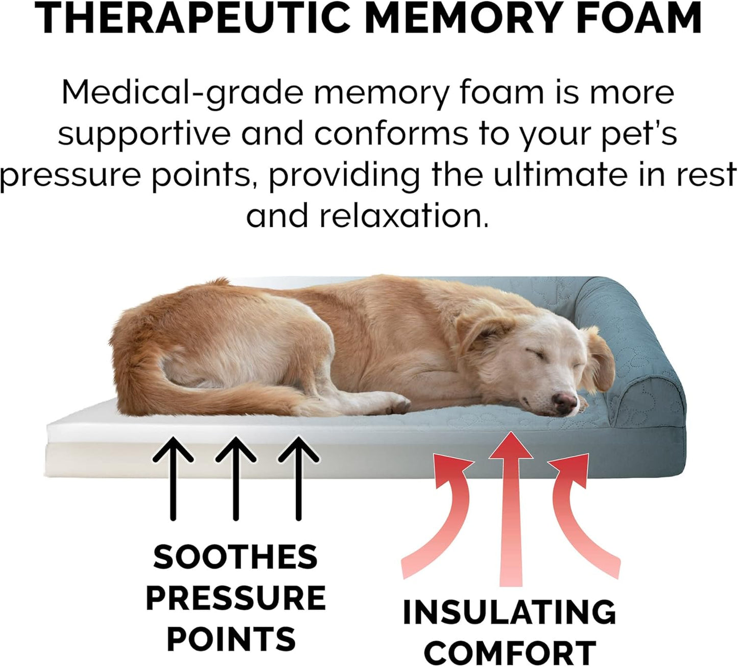 Furhaven Memory Foam Dog Bed for Medium/Small Dogs w/ Removable Bolsters & Washable Cover, For Dogs Up to 35 lbs - Pinsonic Quilted Paw L Shaped Chaise - Bluestone, Medium