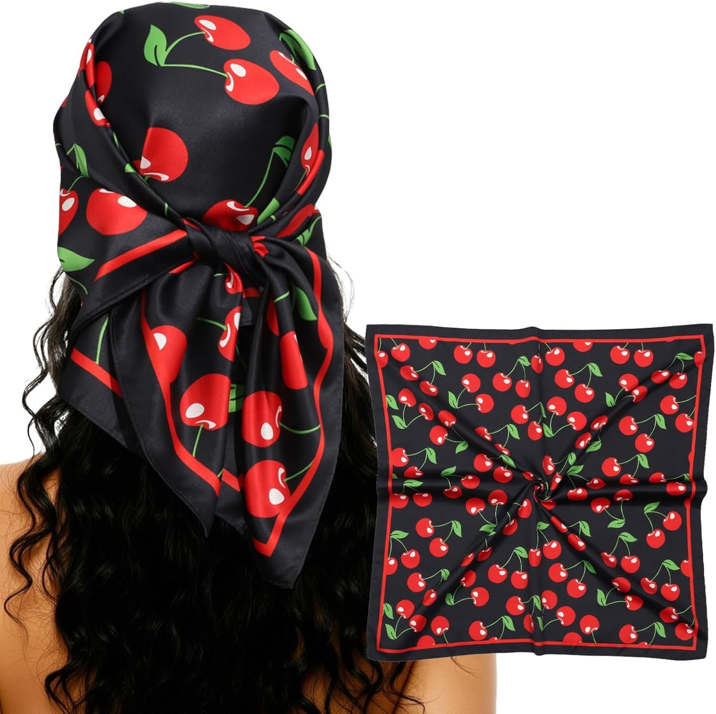 CHLINS 27.5” Cherry Square Head Scarf Hair Scarf for Women's Hair Silk Bandana Head Wrap for Sleeping & Handbags Accessories