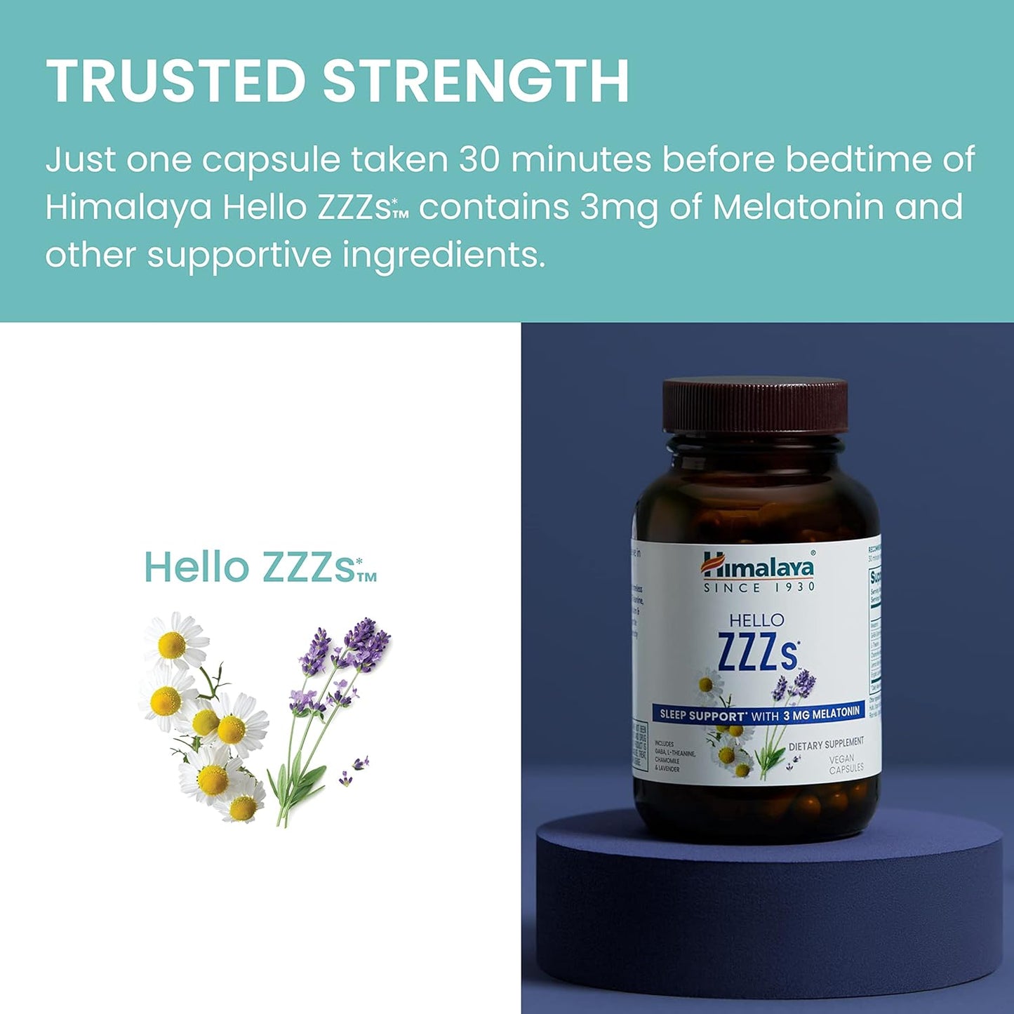 Himalaya Hello ZZZs, 60 Day Supply - Herbal Sleep Supplement with Melatonin, GABA, L-Theanine, Lavender, Chamomile and Lemon Balm - Vegan, Non-GMO, Gluten Free, 60 Capsules