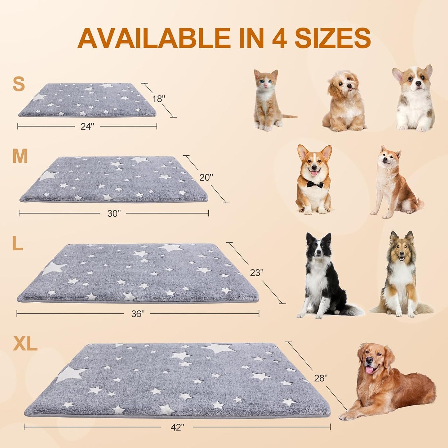 Self Warming Dog Bed Mat, 30"x20" Graphene & Glow-in-The-Dark Fabric Dog Crate Mat, Removable Washable Cover Anti-Slip Bottom Orthopedic Calming Pet Bed Pad for Kennel Cage