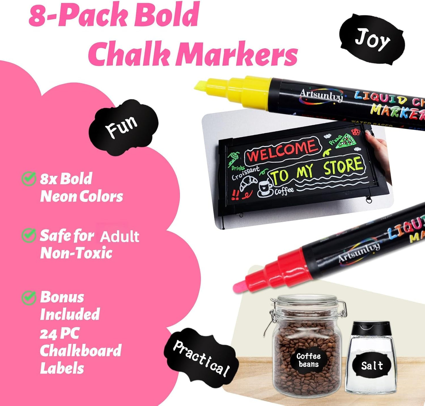 8 Colors Chalk Markers, Chalk Pens, Erase Marker, Non-Toxic, Water-Based, Reversible Tips, Chalkboard Markers for Adult, Car Windows, Glass