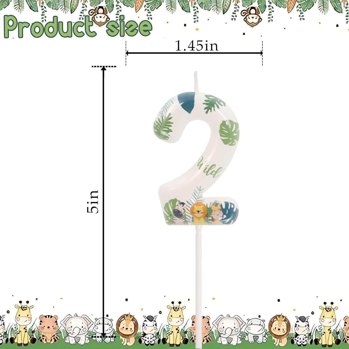 Wild Animal Number 2 Candle for Boys Girls, Wild Two Birthday Decorations, 2nd Birthday Decorations for Boy Girl, Jungle Safari Theme Party Supplies