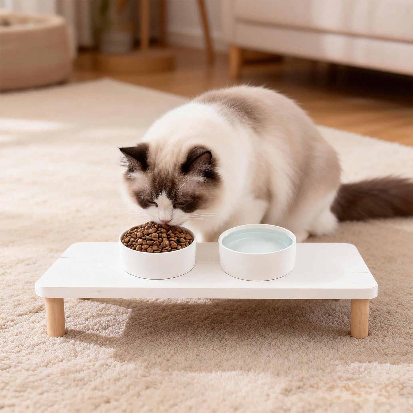 Wooden Elevated Cat Food Stand, 2.4" Raised Cat Food Table, Pet Feeding Table for Cats & Small Dogs, Stable Bowl Stand Platform for Most Bowls, Modern Pet Feeding Station, White