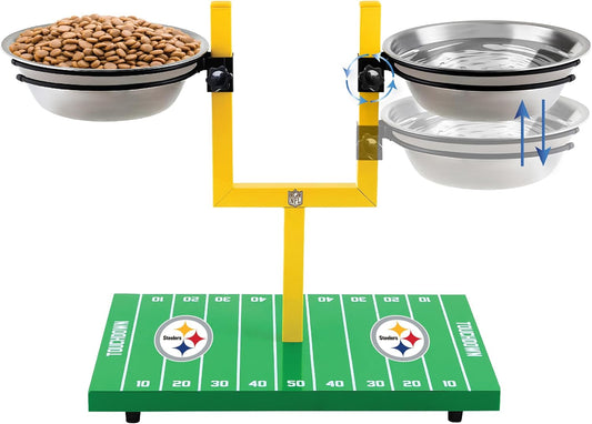 NFL Pittsburgh Steelers Goalpost Football Field Dog Feeder – Adjustable Elevated Dog Bowls with Stand, 2 Stainless Steel Bowls, Non-Slip Rubber Feet, Raised Pet Feeder for Large & Small Dogs, Cats.