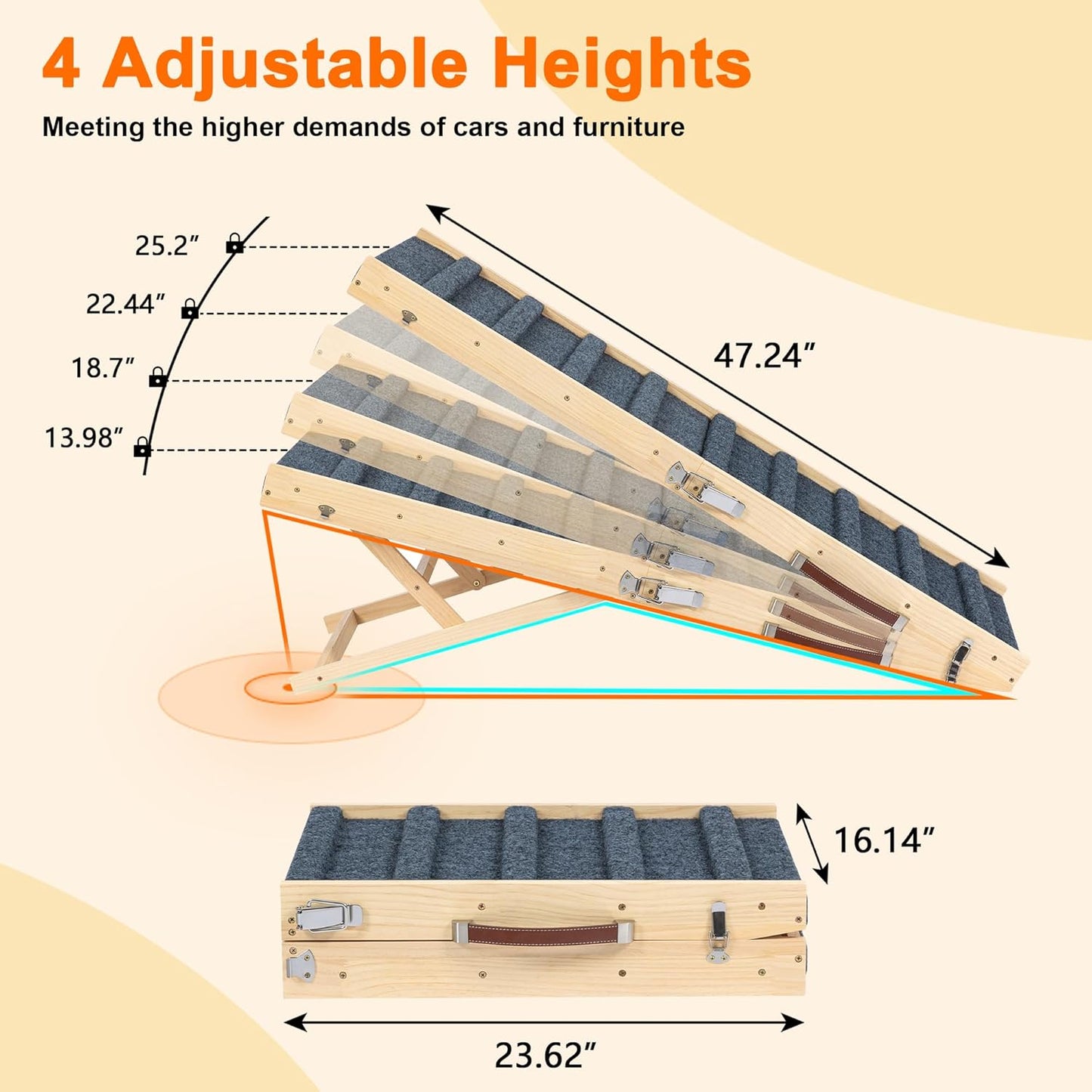 Clikuutory 2025 Upgraded Dog Ramp for Couch, 47.2" Foldable Small Dog Ramp for Bed, 4 Adjustable Height from 14" to 26", Portable Stable Pet Steps with Anti-Slip Carpet for Low Bed Couch Stairs, Wood