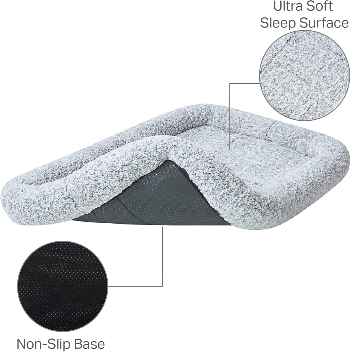 Friends Forever Bolster Dog Crate Mat 36 Inch, Washable Dog Crate Bed, Sherpa Fleece, Nova Grey