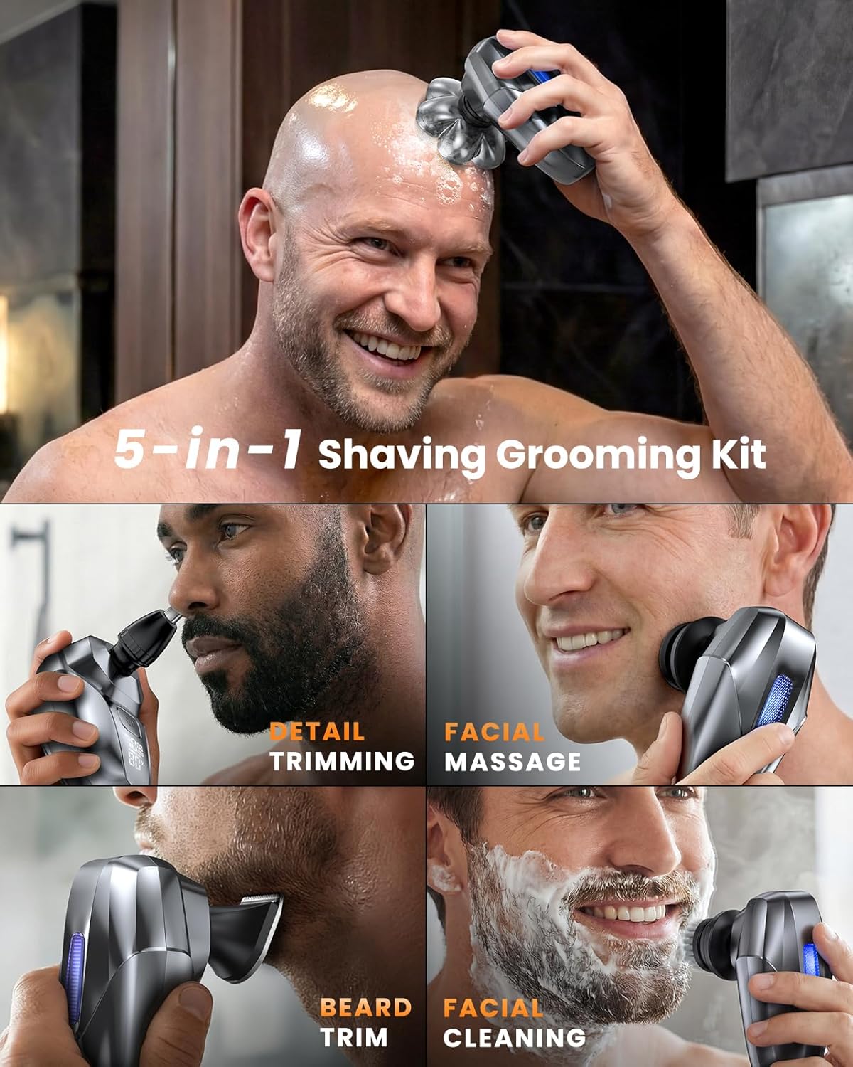 Head Shavers for Bald Men, 5-in-1 Electric Shaver Grooming Kit, 7D Floating IPX7 Waterproof Rechargeable Wet/Dry Razor for Skull Bald Head, Body Hair, with Massager, Gray
