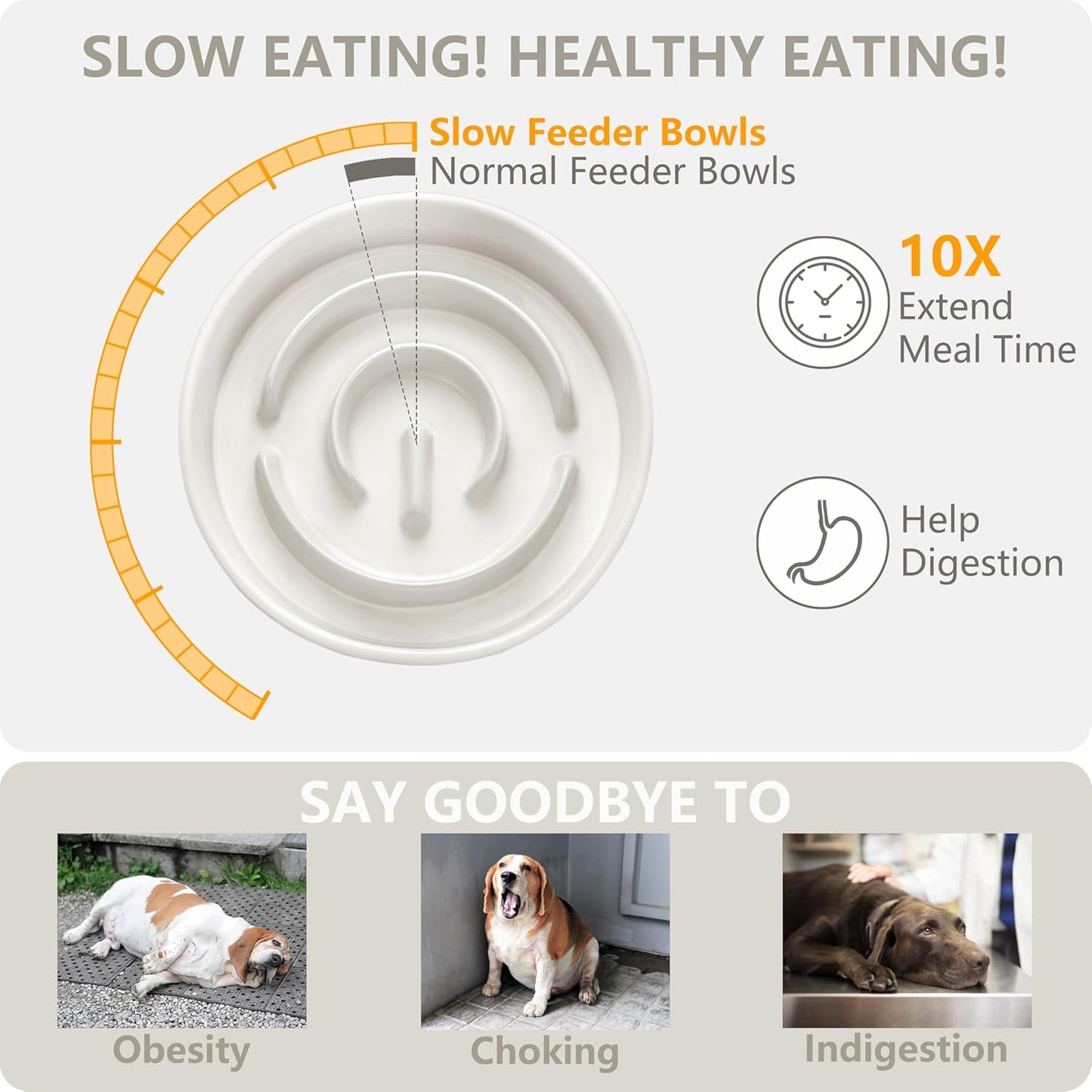 Ceramic Slow Feeder and Water Bowl Set for Small Dogs, 6.0 Inch Ceramic Dog Bowls Elevated with Wooden Stand, 0.6 Cups Dog Slow Feeder(14oz) and 30oz Water Bowl Set, White