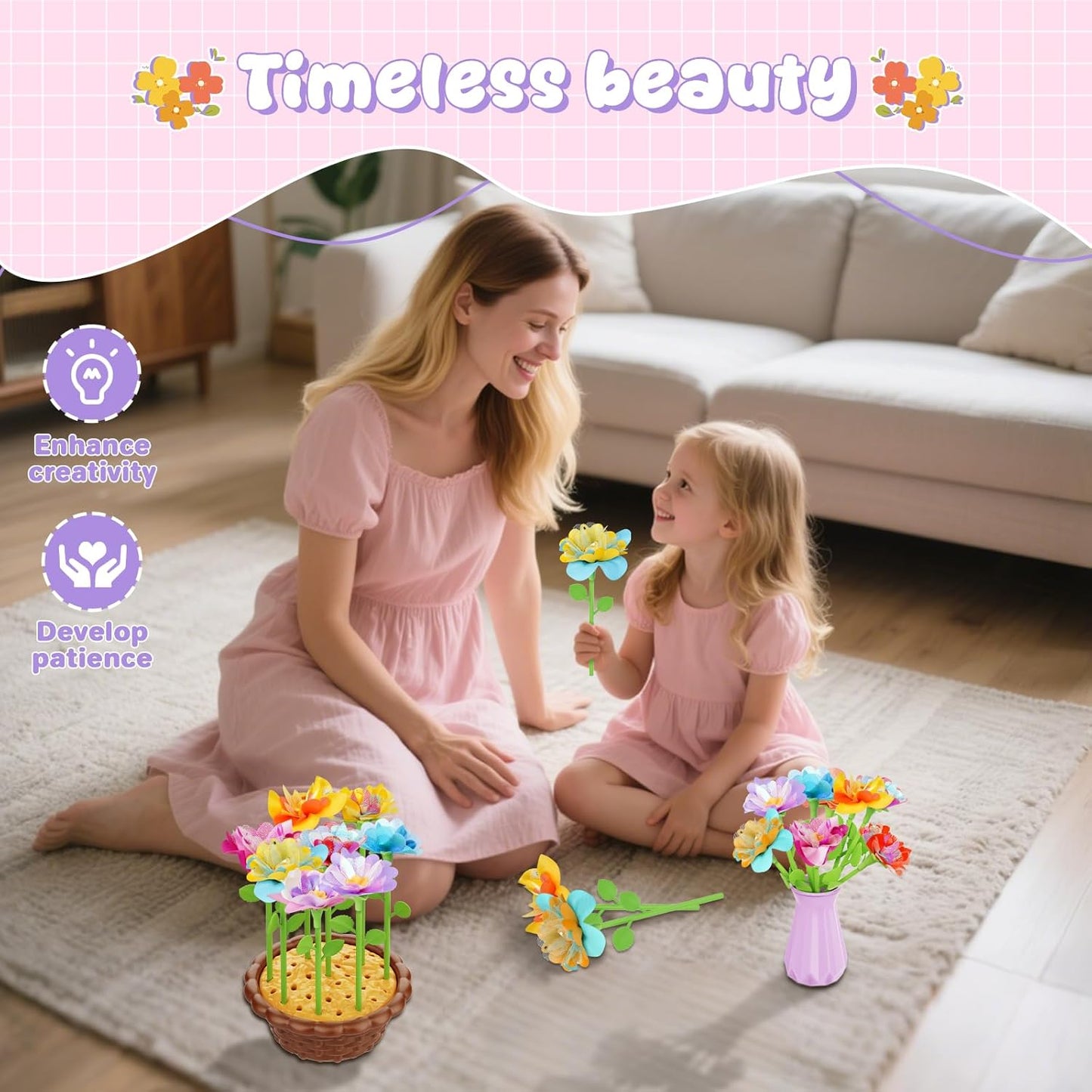 Zappyway Fabric Flower Bouquets Toys - Creative DIY Crafts for Girls Ages 4-8, Unique Floral Market Toy, Inspiring Arts & Crafts Educational Set, Perfect for Preschool Learning and Birthday Gifts