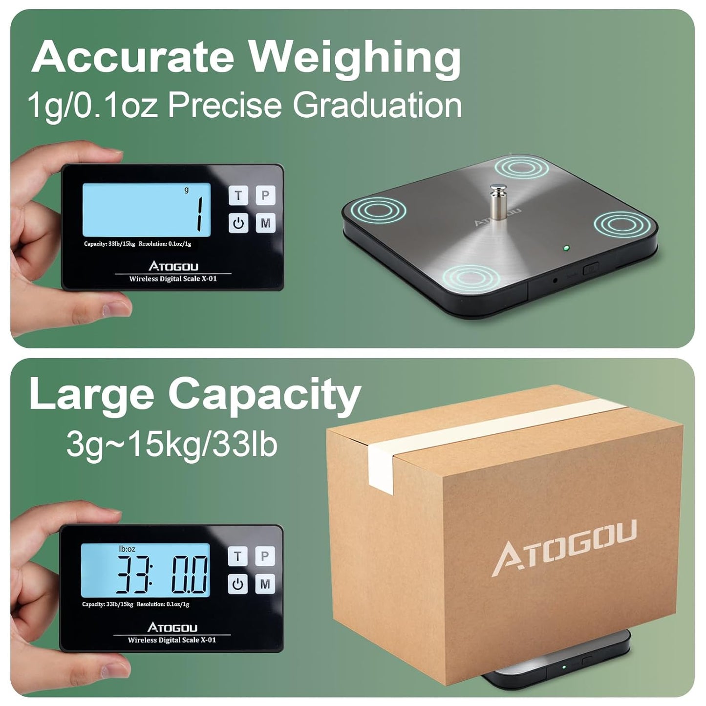 Atogou Food Scale, 33lb Wireless Kitchen Scale with Remote Display, 1g/0.1oz Precise Graduation, Food-Grade 304 Stainless Steel, Digital Food Scale for Cooking, Baking, Postage, Shipping, Black&Silver