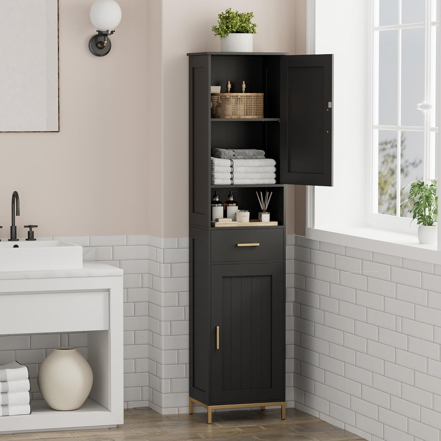 Homhedy 67" H Bathroom Storage Cabinet, Tall Storage Cabinet with Adjustable Shelves, Freestanding Cabinet with Doors and Drawer, Narrow Cabinet for Bathroom, Living Room, Kitchen, Dining Room, Black