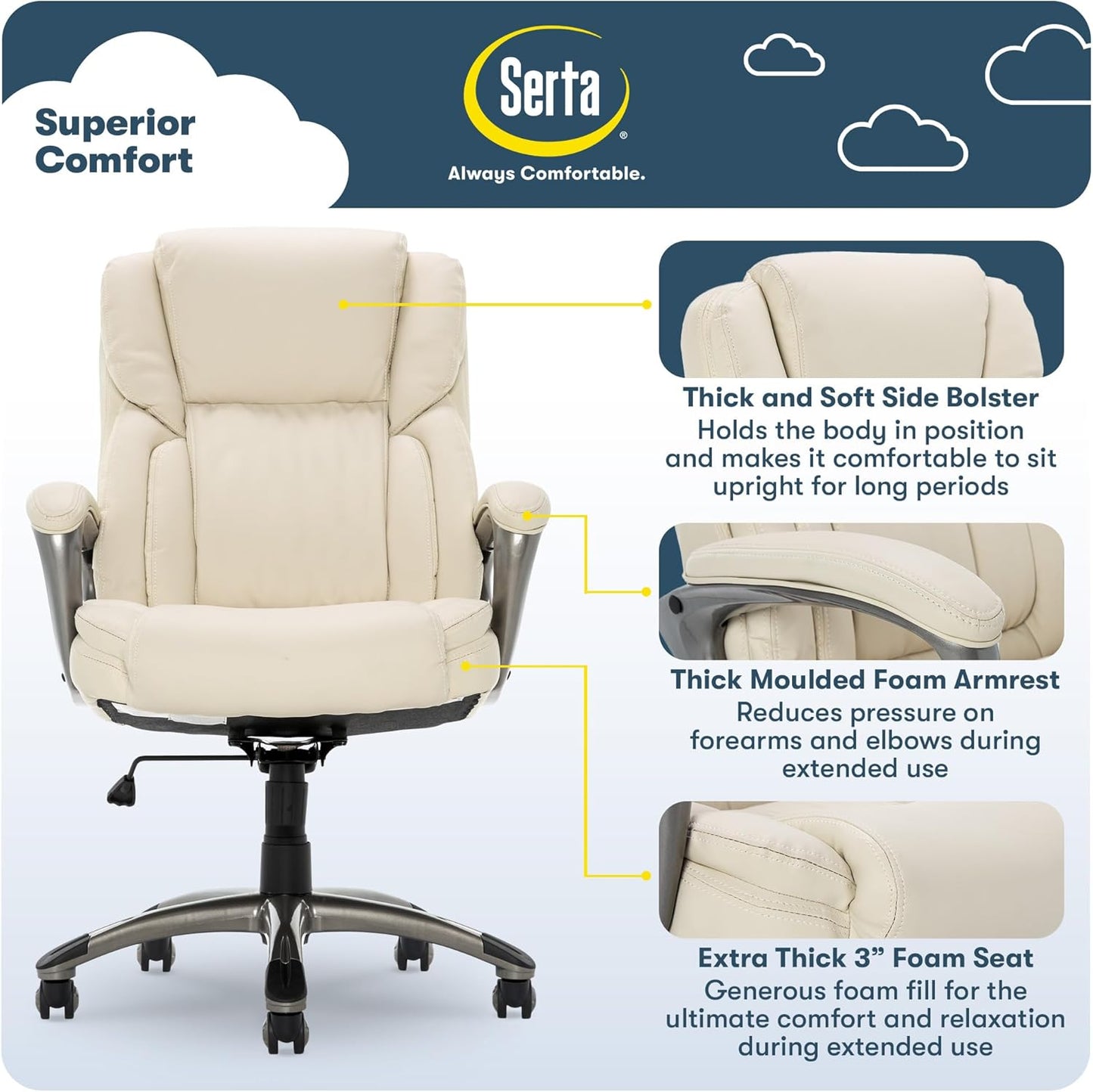 Serta Garret Executive Office Chair, Ergonomic Mid-Back with Lumbar Support, Semi-Plush Cushion and Body Pillows, Padded Armrests, Swivel Base, Bonded Leather, Ivory White