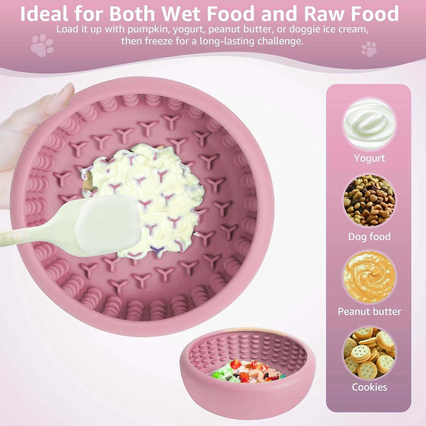 Dog Lick Bowl, ZOURYNUA Non-Slip Slow Feeder Dog Bowls, Enrichment Licking Mat for Distraction, Anxiety Relief Treat Dispenser Freezer, BPA Free Silicone & Dishwasher Safe (Pink, Small)