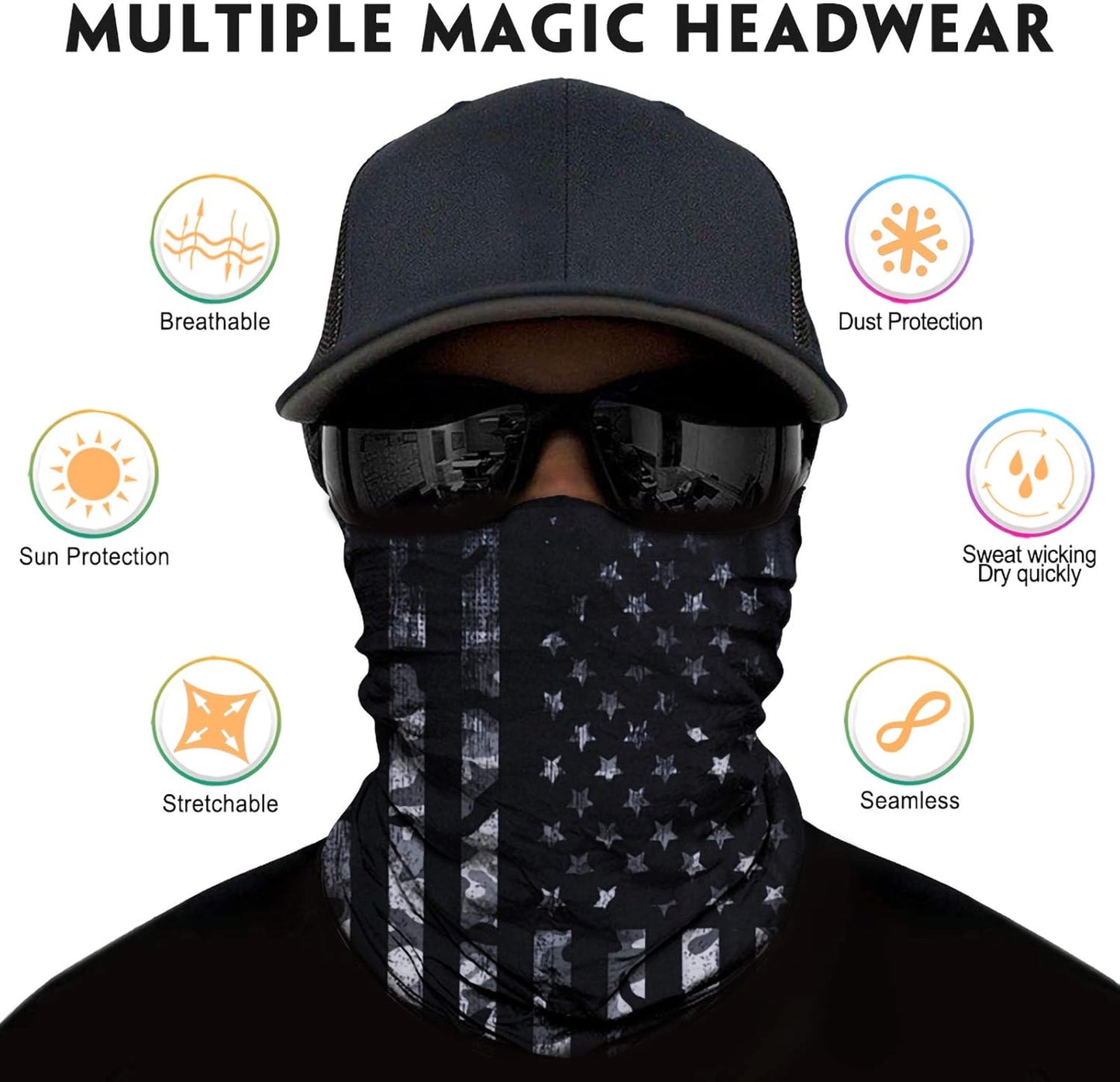 Venswell Neck Gaiter Face Mask Men Women,Seamless Bandana Rave Face Cover Scarf Mask,Balaclava,Headband, Head Wrap,Headwear