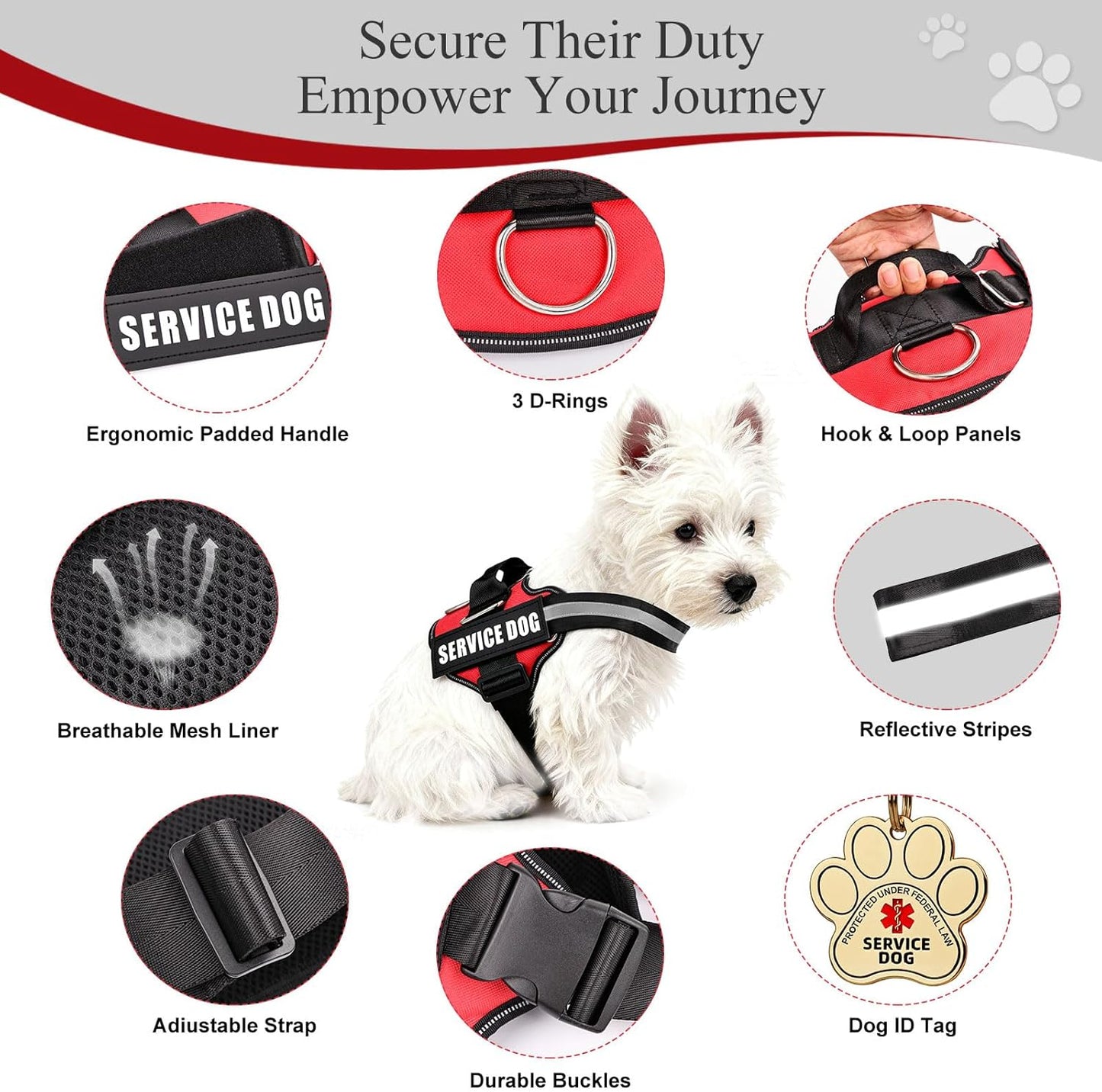 Service Dog Vest, ID Tag + 50 ADA Information Cards, Service Dog Harness in Sizes X Small to XX Large, Metal Dog Tag has Ruggedized Clip, 2-Sided Service Animal Cards,ESA Accessory Set Small