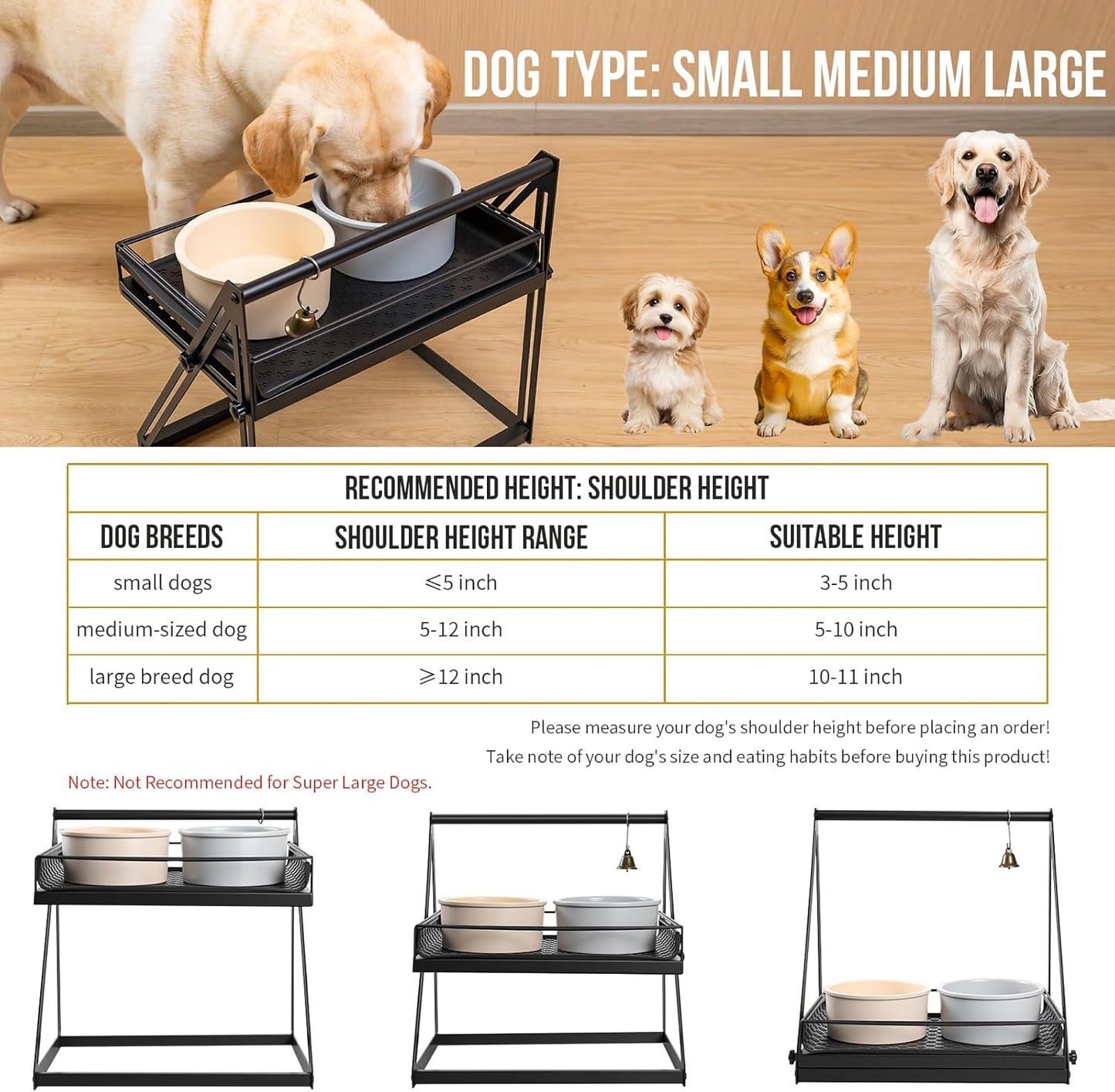 OneTigris Elevated Dog Bowl, Raised Dog Bowls for Medium Large Dogs, Adjustable Height, with Non-Slip Mat No-Spill Baffle, Height Adjustable from 2" to 11" Black (Bowls Not Included)